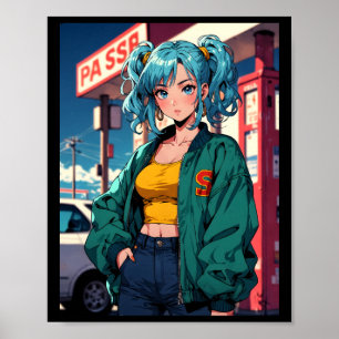 Poster Garota de posto de gasolina de anime retrô moda de