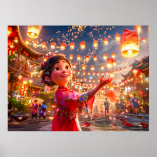 Poster Garota de Quadrinhos com Lanternas Celebrando o An