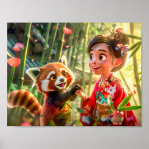Poster Garota de Quadrinhos com Panda Vermelho em Cena Di