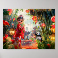 Garota de Quadrinhos na Floresta de Bambu com Pand