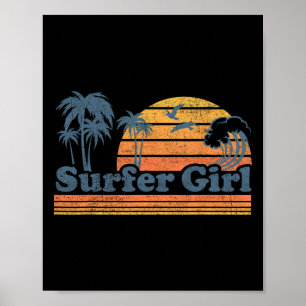 Poster Garota de Surf Surfando Praia Férias de Verão Vint