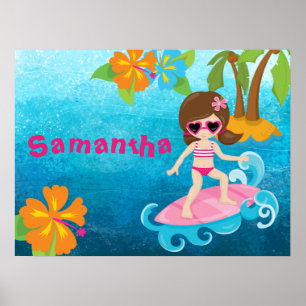 Poster Garota de Surfista Personalizada Hibiscus e Palms