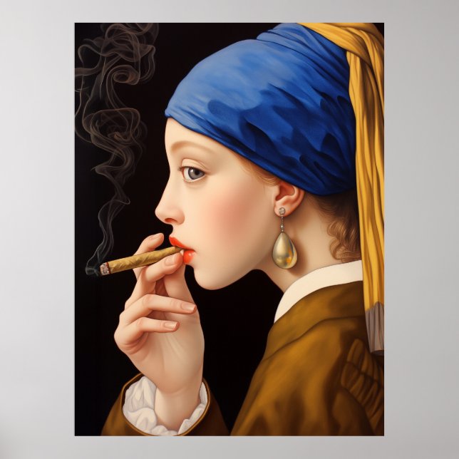 Poster Garota de Vermeer com Pérolas Comendo Fumar (Frente)