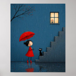 Poster Garota de Vermelho Esperando pelas Escadas Chuvosa
