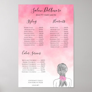 Poster Garota do Menu de Serviços c/ Trança Aquarela Rosa