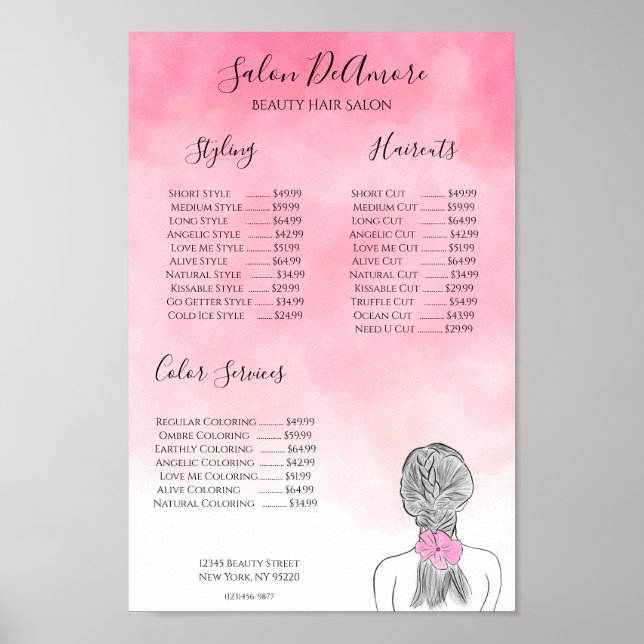 Poster Garota do Menu de Serviços c/ Trança Aquarela Rosa (Frente)