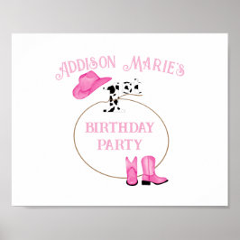 Poster Garota-do-rodeio rosa e branca do primeiro anivers