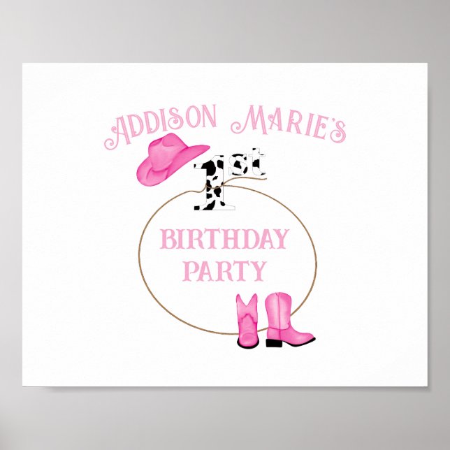 Poster Garota-do-rodeio rosa e branca do primeiro anivers (Frente)