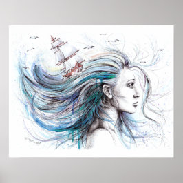 Pôster Garota dos oceanos Pintura surreal náutica arte