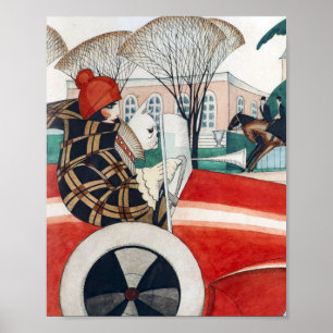 Poster Garota e Cachorro num Automóvel Vermelho