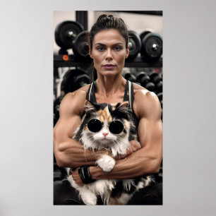 Poster Garota e Gato de malhação na academia. Motivação d