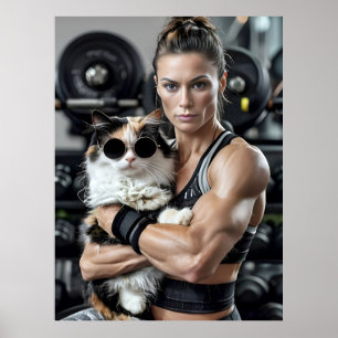 Poster Garota e Gato de malhação na academia. Motivação d