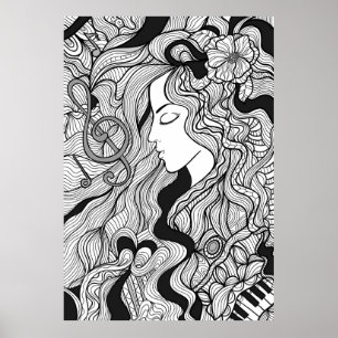 Poster Garota e música. Ilustração Vintage. Outlin pre