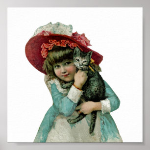 Poster Garota em Bonnet com Kitten de Natal