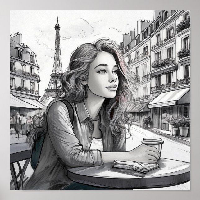 Poster Garota Francesa com café (Frente)