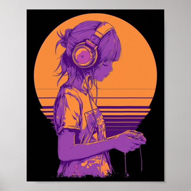 Poster Garota Gamer de Anime Retrô (Frente)