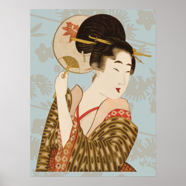 Poster Garota Geisha Japonesa Antiga em Kimono com Leque (Frente)