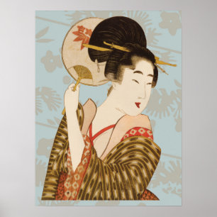 Poster Garota Geisha Japonesa Vintage em Kimono com Leque