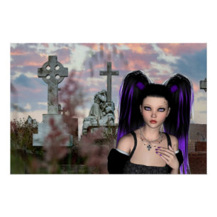 Pôster Garota gótica fofa no cemitério para o Halloween