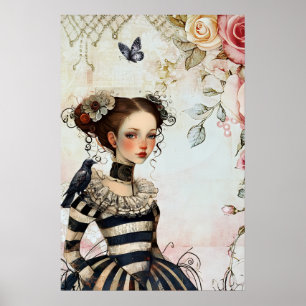 Poster Garota Gótica Inspirada em Vintage com Rosas em Aq