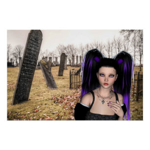 Pôster Garota gótica no cemitério para o Halloween