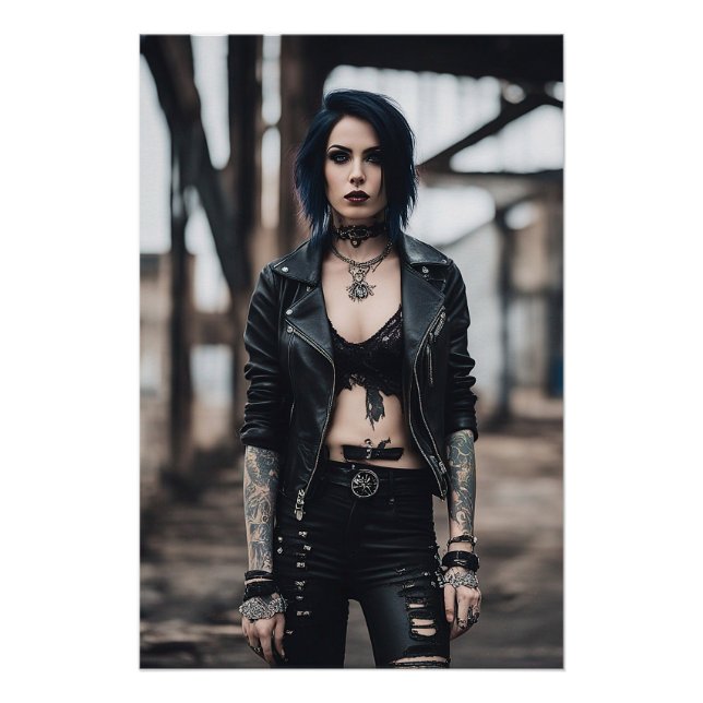 Pôster Garota gótico posando em frente à ponte antiga (Frente)