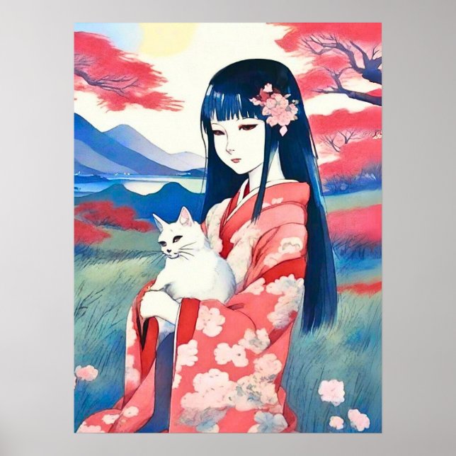 Poster Garota japonesa com um gato branco (Frente)