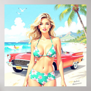 Poster Garota na praia com um carro clássico