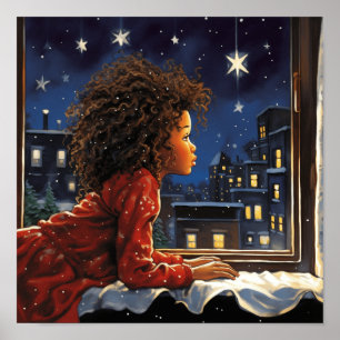 Poster Garota Negra Olhando para o Céu Noturno para Papai
