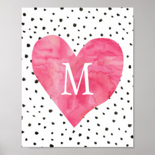 Pôster Garota Nursery Monograma Aquarela Coração Rosa