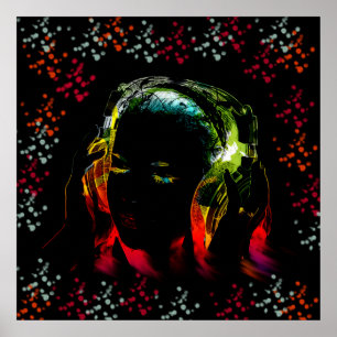 Pôster Garota ouvindo Fones de ouvido de música Neon Col