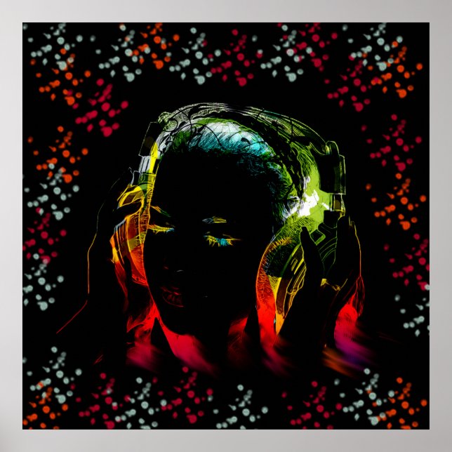 Pôster Garota ouvindo Fones de ouvido de música Neon Colo (Frente)