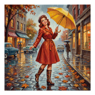 Pôster Garota Pin-up da Chuva de Outono Vintage