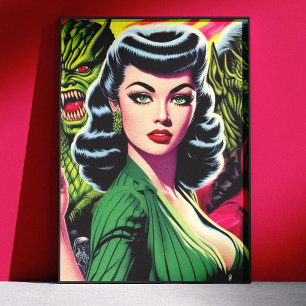 Pôster Garota Pulp de Ficção Científica de Terror Vintage