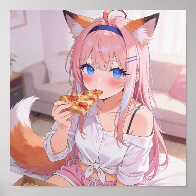 Poster Garota Raposa de Cabelo Rosa Comendo Pizza (Frente)