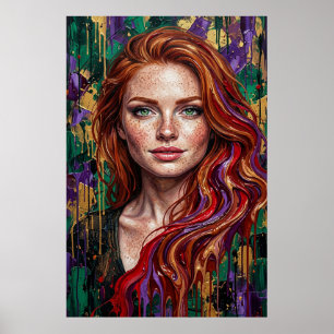 Poster Garota Ruiva Sardas Pintura Impasto Gotejamento Ar