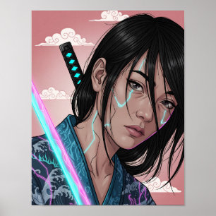 Poster Garota Samurai Cyberpunk