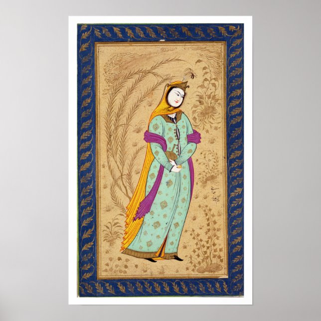 Pôster Garota segurando um vaso de vinho e uma pera, de L (Frente)