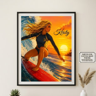 Poster Garota Surfista do Pôr do Sol com prancha de surf,