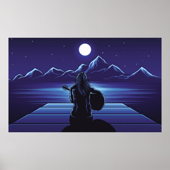 Poster Garota tocando violão noturno, garota, céu, a (Frente)