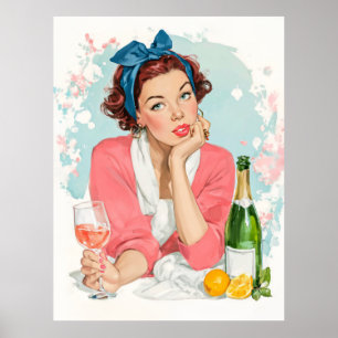 Poster Garota Vintage com Champanhe Rosa