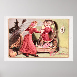 Poster Garota Vintage de Halloween com Vestido Vermelho