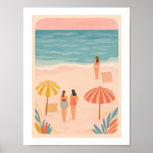 Poster Garotas da Praia Retrô Tomando Sol com Guarda-Sóis