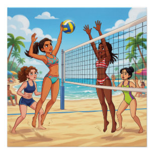 Pôster Garotas de Desenho Animado Jogando Vôlei de Praia