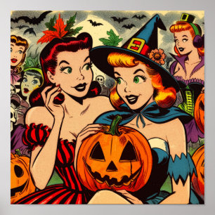 Poster Garotas de Quadrinhos de Halloween Vintage