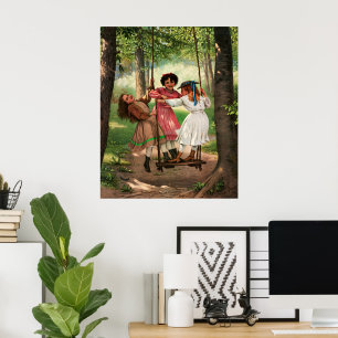 Poster Garotas Vitorianas Antigas no Balanço da Floresta
