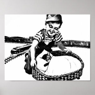 Poster Garoto Pequeno Brincando Com Trem e Gato Vintage A