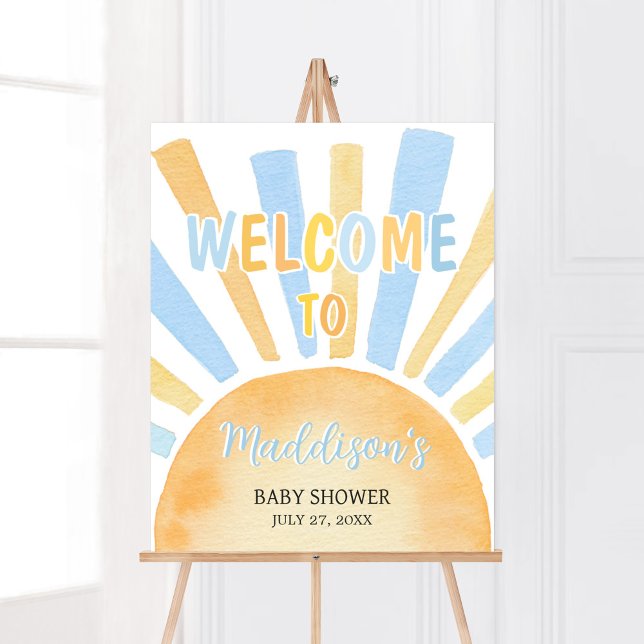 Poster Garoto Um Pequeno Raio de Sol Chá de fraldas Bem-v (Blue Boho Sunshine Baby Shower Welcome Sign)