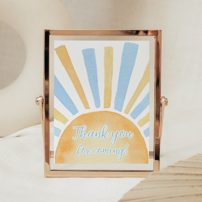 Poster Garoto Um Pequeno Raio de Sol Obrigado por vir (Blue Boho Sunshine Baby Shower Thank you for Coming Sign)