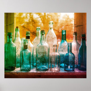 Poster Garrafa de Vidro Azul+Verde Claro na Parede da Jan